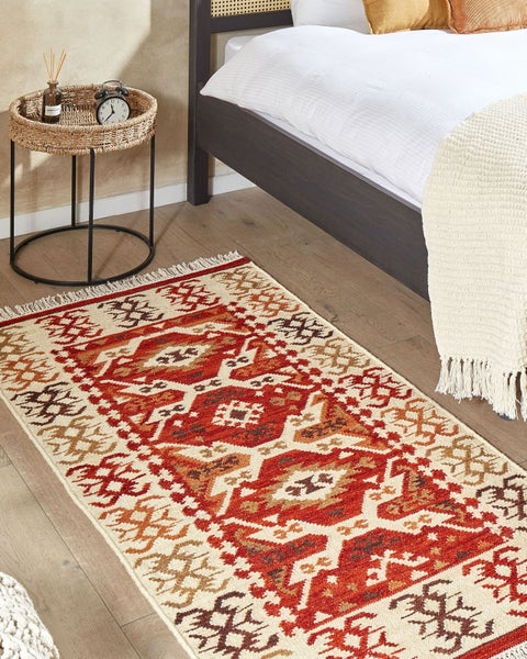 Kelim Teppich Wolle mehrfarbig 80 x 150 cm geometrisches Muster Kurzflor VOSKEVAZ