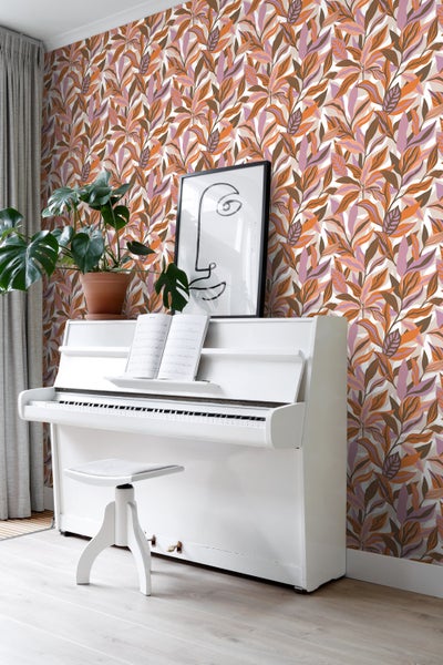 ESTAhome Tapete tropische Blätter Orange, Lila und Rosa - 50 x 900 cm - 131042