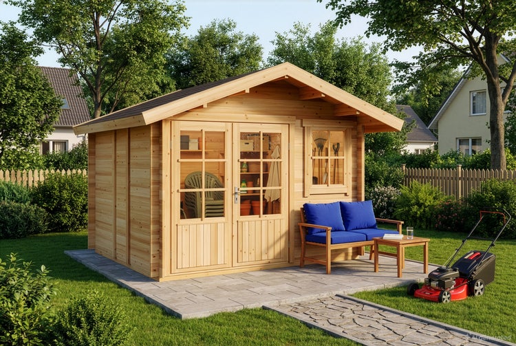 Holzgartenhaus mit Satteldach, Doppeltür und Fenster auf einer Terrasse im Garten, davor Gartenbank mit Auflagen, Tisch und Rasenmäher.