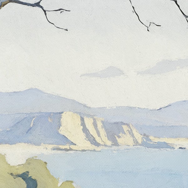 Gemälde einer Küstenlandschaft mit Bergen und Meer