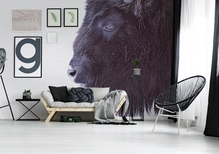 Modernes Wohnzimmer mit großflächiger Fototapete eines Bisonkopfs, Holzsofa, schwarzem Acapulco-Sessel und gerahmter Wanddekoration.