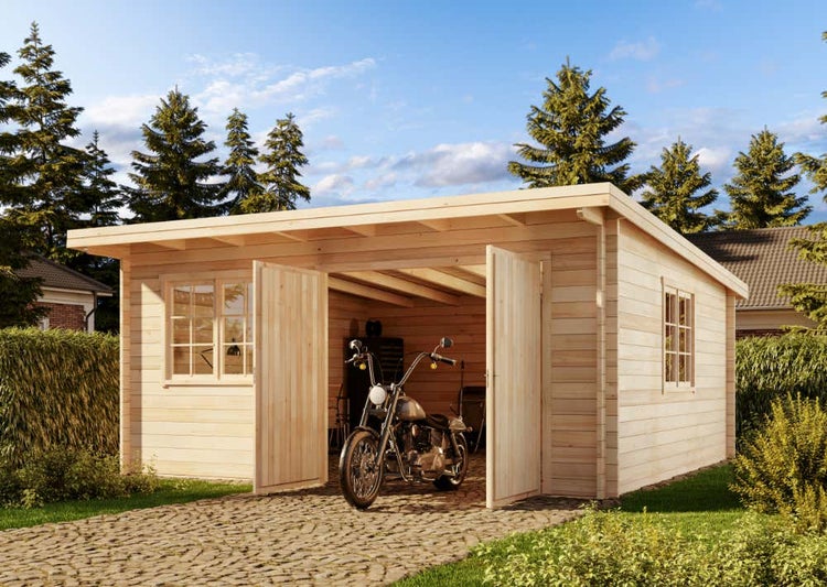 Alpholz Einzelgarage 44-C Garage aus Holz in natur, Unterstellplatz mit 44 mm Wandstärke, Fertiggarage mit Montagematerial imprägniert 5,1x5,3m