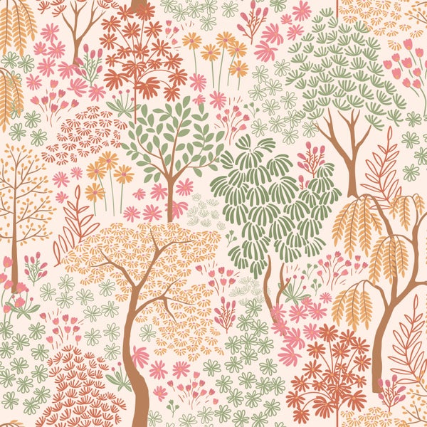 ESTAhome Tapete Bäumen und Blumen Terrakotta, Rosa und Grün - 50 x 900 cm - 131185