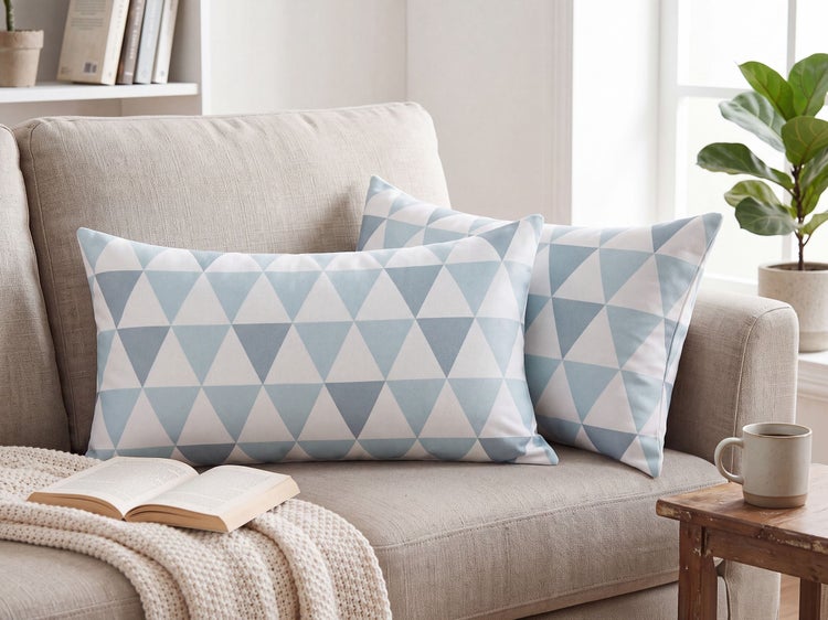 Zwei rechteckige Zierkissen mit geometrischem Dreiecksmuster auf einem Sofa in einem hellen Wohnzimmer.