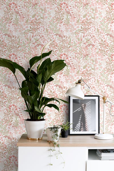 ESTAhome Tapete Feldblumen Graugrün und Rosa - 50 x 900 cm - 131348