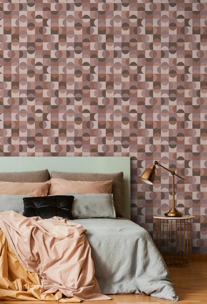 ESTAhome Tapete Kreise im Bauhaus-Stil Braun und mauve-violett - 50 x 900 cm - 131241