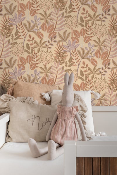 ESTAhome Tapete Blätter Beige, Terrakottarosa und Violett - 50 x 900 cm - 139679
