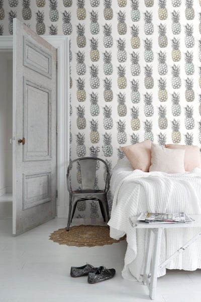 ESTAhome XXL-Vliestapete Ananasse Beige, Mintgrün und Grau - 50 x 900 cm - 158606