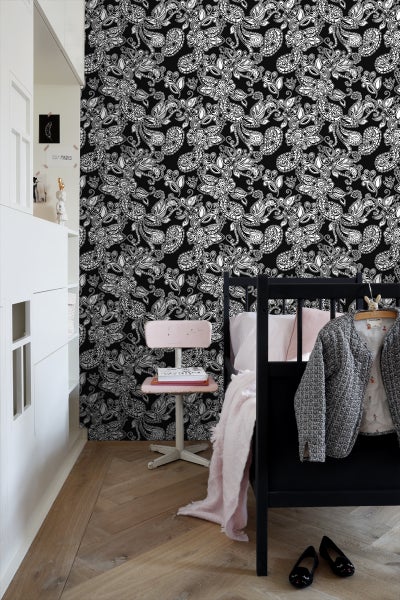 ESTAhome Tapete funky Blumen und Paisleys Schwarz und Weiß - 53 cm x 10.05 m - 136844