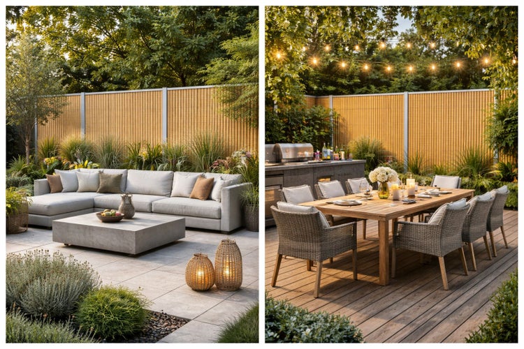 Außenbereich mit Lounge-Ecke, Esstisch und Sichtschutzzaun
