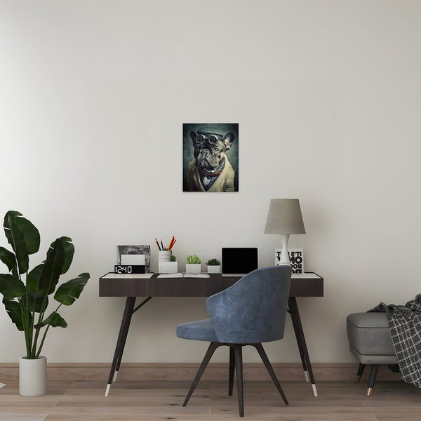 Dekoratives Bild eines Hundes mit Brille im Arbeitszimmer