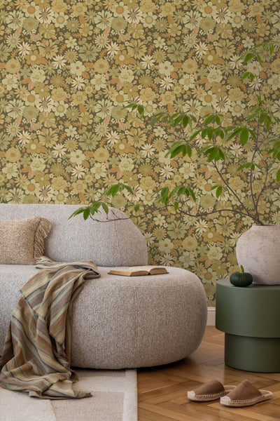 ESTAhome Tapete Retro Blumen Olivgrün - 50 x 900 cm - 130967