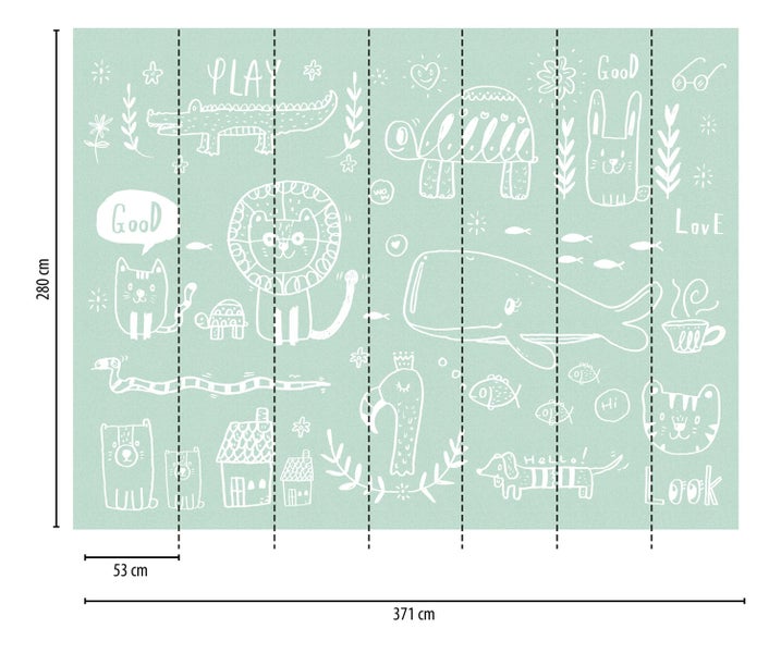 Tapete mit Tiermotiven und Schriftzügen für Kinderzimmer, 371 cm breit und 280 cm hoch
