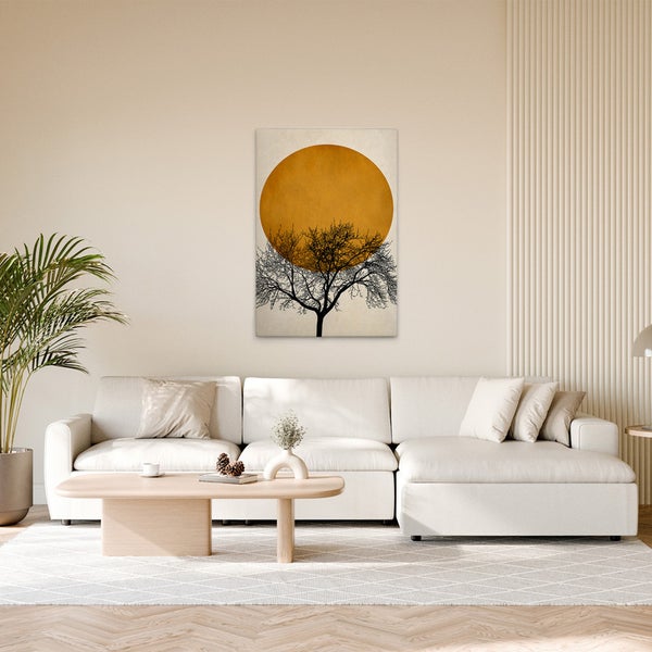 Gemütliches Wohnzimmer mit Leinwandbild eines Baumes vor einer Sonne