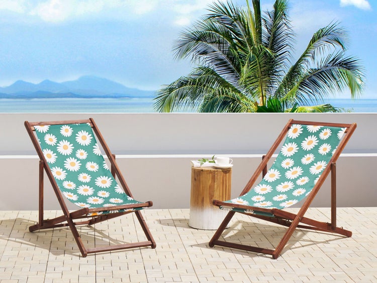 Set mit 2 klappbaren Liegestühlen ANZIO mit Ersatzstoffen Blumenmuster Akazienholz Dunkelbraun