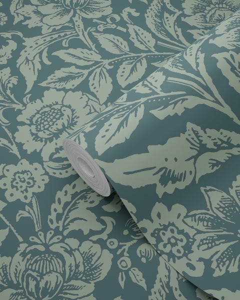 ESTAhome Tapete Blumenmuster Dunkelblau und Graugrün - 53 cm x 10.05 m - 139429
