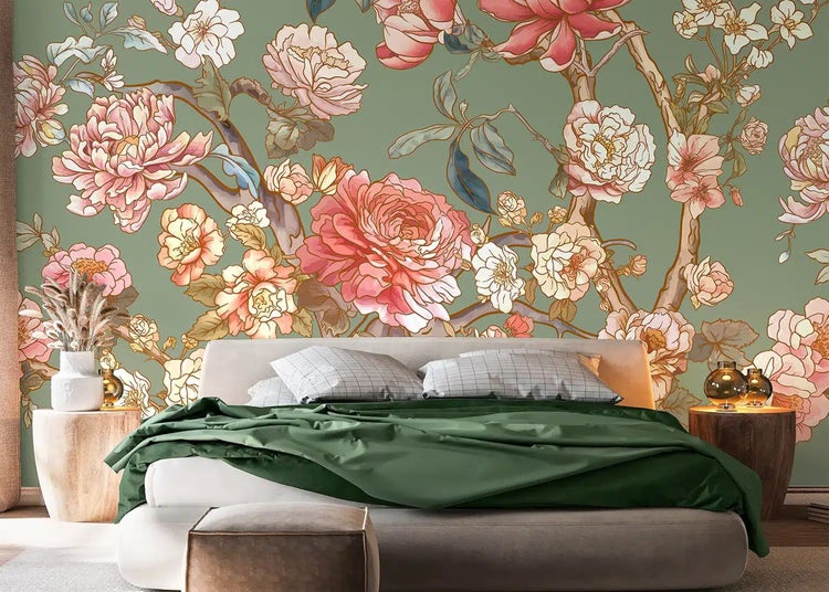 Vliestapete mit floralem Muster, hochwertiger Druck, einfache Montage, FSC- und Greenguard Gold-zertifiziert.