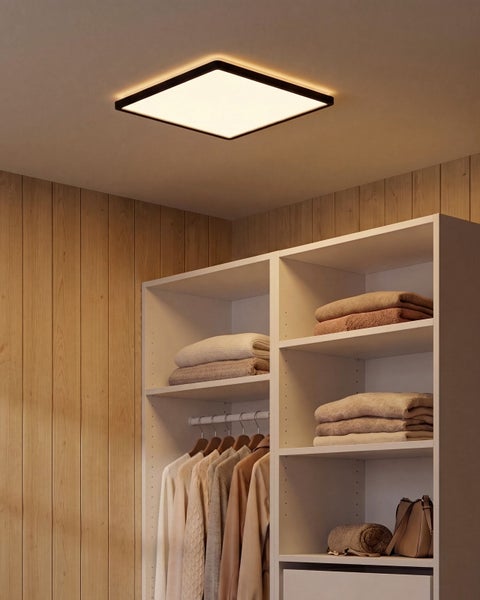 Quadratische LED Deckenleuchte in einem Ankleidezimmer mit Holzvertäfelung und Kleiderschrank mit Kleidung.