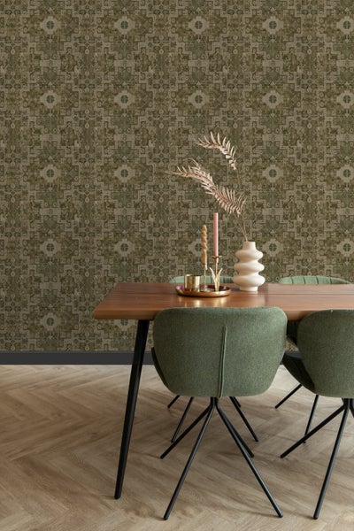 ESTAhome Tapete orientalisches Kelim-Patchwork Olivgrün - 50 x 900 cm - 131359