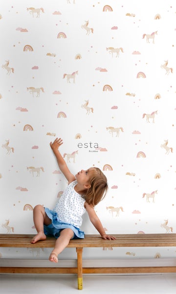 ESTAhome Tapete Einhörner Beige, Hellrosa und Ockergelb - 50 x 900 cm - 139538