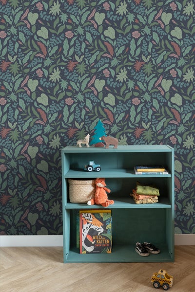 ESTAhome Tapete Blätter und Blumen Dunkelblau, Grün und Rosa - 50 x 900 cm - 131054