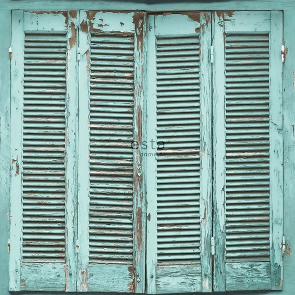 ESTAhome Tapete verwitterte, französische, vintage Fensterläden Grautürkis - 53 cm x 10.05 m - 138884