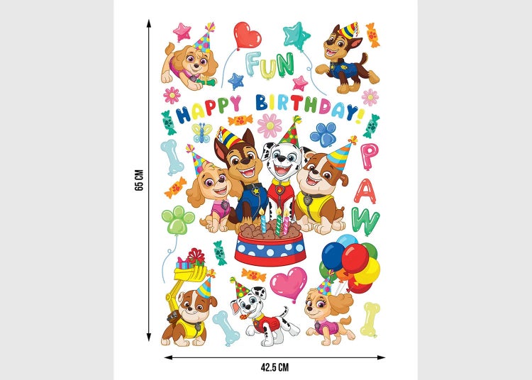 Wandtattoo Paw Patrol Happy Birthday Motiv mit Charakteren, Torte und Luftballons, 65 mal 42,5 Zentimeter.