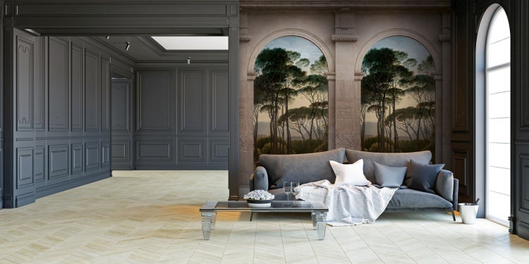 Wohnzimmer mit grauer Couch, Glastisch und Wandbild