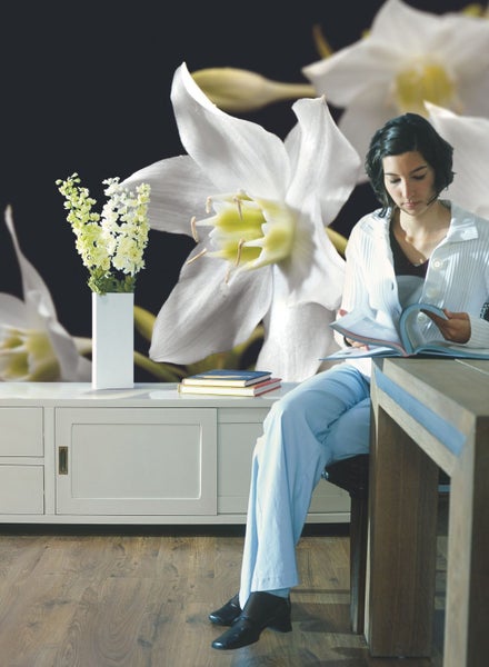 Helles Wohnzimmer mit Blumendekoration und lesender Frau