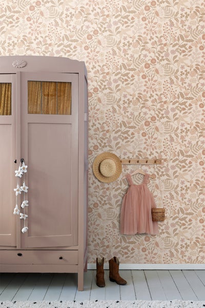 ESTAhome Tapete Blumen und Vögel Beige und Hellrosa - 53 cm x 10.05 m - 139868