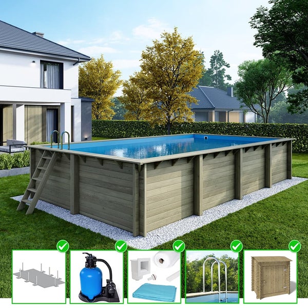 Holzpool mit Leiter im Garten, inklusive Poolzubehör