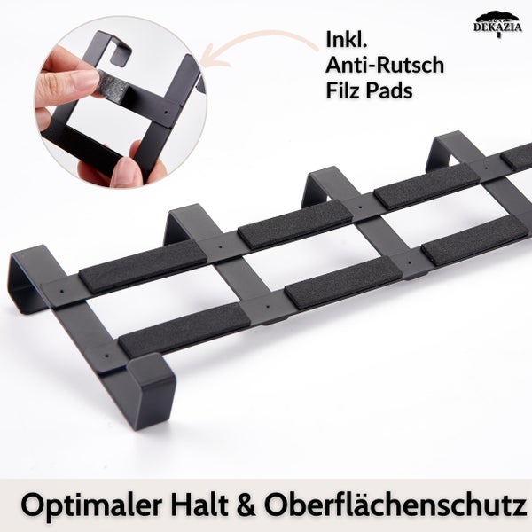 Schwarzer Metall-Organizer mit selbstklebenden Filzpads für Oberflächenschutz und festen Halt inklusive Dekazia Logo.