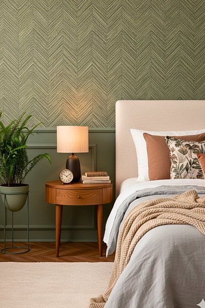 Schlafzimmer mit Bett, Nachttisch, Lampe und Zimmerpflanze