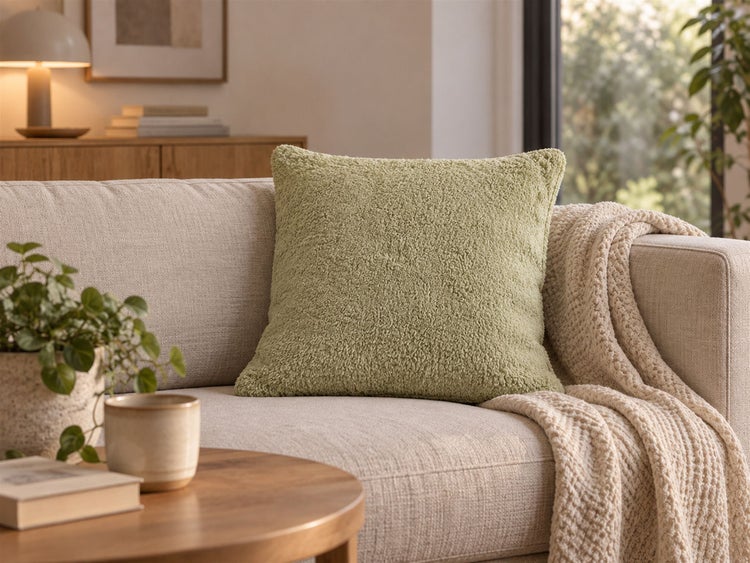 Ein strukturiertes Zierkissen mit Teddyfelloptik auf einem hellen Sofa in einem wohnlich eingerichteten Wohnzimmer.