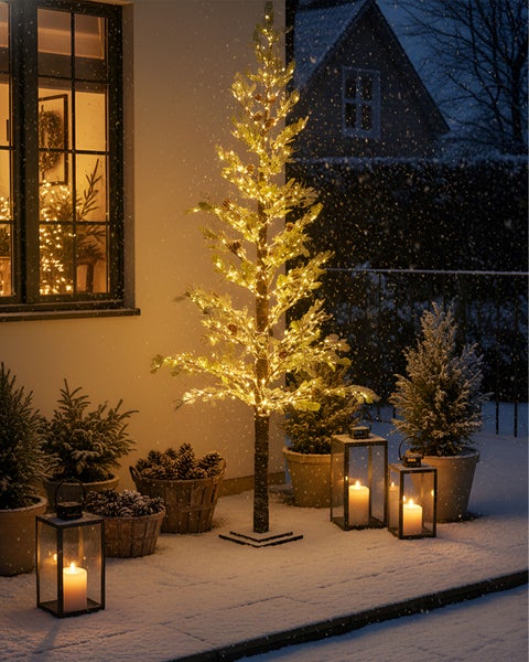 Dekorativer beleuchteter Baum mit Tannenzapfen im verschneiten Außenbereich