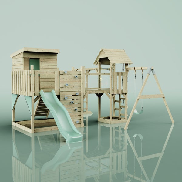 Spielplatz mit Kletterwand, Rutsche und Schaukel aus Holz