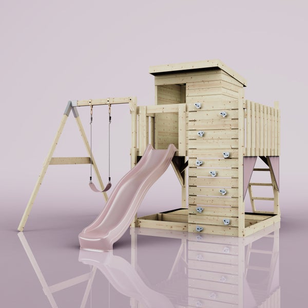 Spielturm aus Holz mit Rutsche, Schaukel und Kletterwand für den Garten.