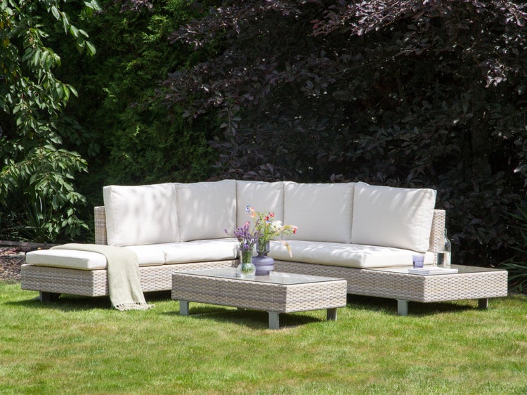 Garten Ecksofa mit Tisch 5-Sitzer LANCIANO rechtsseitig Polyrattan Cremeweiß