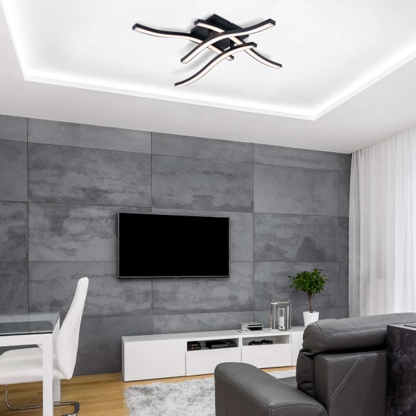 Modernes Wohnzimmer mit LED-Deckenleuchte, grauer Wandverkleidung und TV