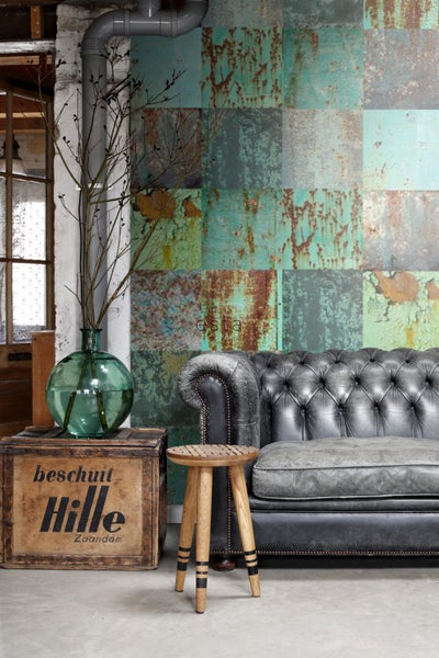 ESTAhome XXL-Vliestapete Patchwork rostige verwitterte Metallplatten Meeresgrün und Braun - 50 x 900 cm - 158203