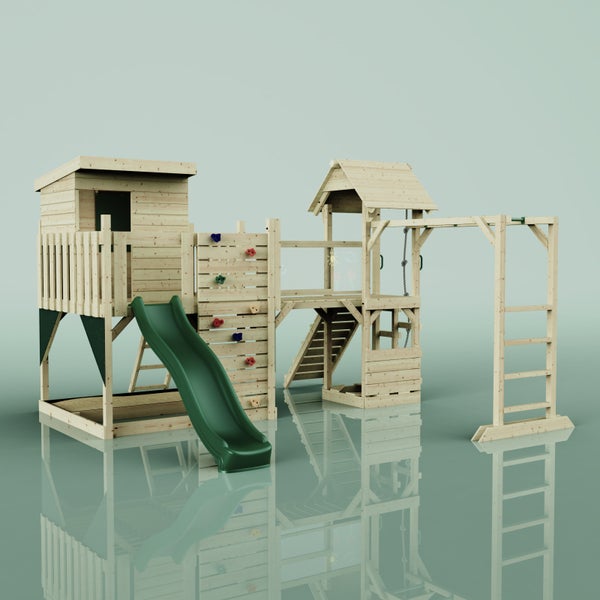 Holz-Spielplatz mit Rutsche, Kletterwand und Schaukel