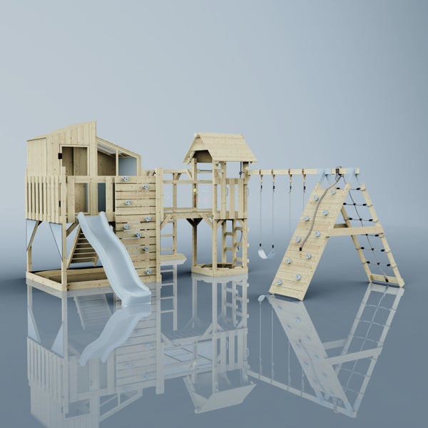 Holzspielplatz mit Rutsche, Schaukel und Kletterwand