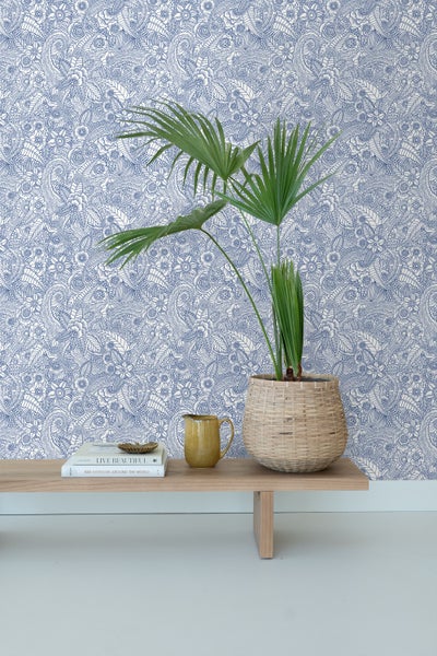 ESTAhome Tapete Blumenzeichnungen Blau - 53 cm x 10.05 m - 148615