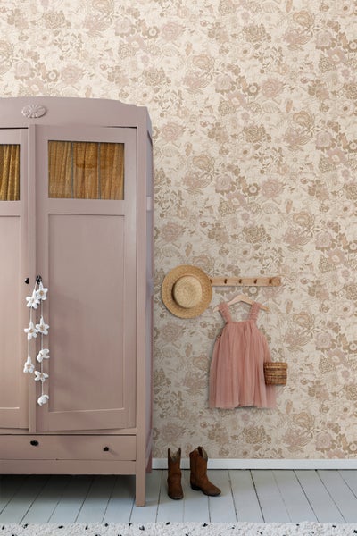 ESTAhome Tapete Blumenmuster Beige und Altrosa - 53 cm x 10.05 m - 139763