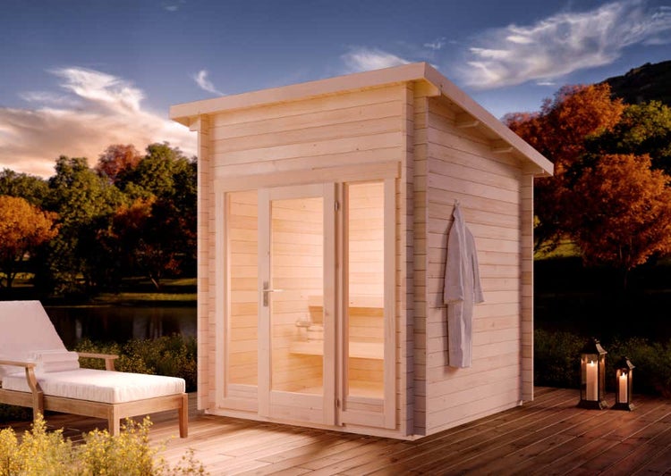 FinnTherm Saunahaus Lizzy XXS Gartensauna 2 Sitzbänke aus Holz, Sauna mit 40 mm Wandstärke, Außensauna mit Montagematerial