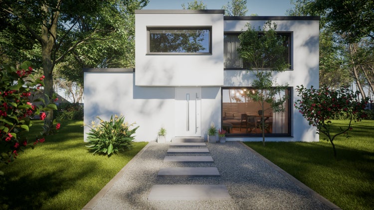 Weiße Haustür mit Glaseinsatz und Stangengriff