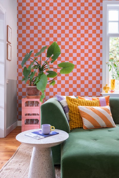 ESTAhome Tapete Karomuster Violett und Orange - 53 cm x 10.05 m - 130914
