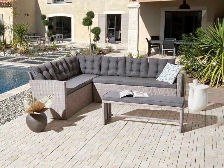 8-Sitzer Ecksofa mit Bank Rattan grau VITERBO