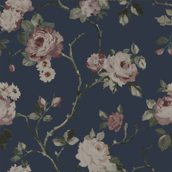 ESTAhome Tapete Blumenmuster Dunkelblau und Altrosa - 53 cm x 10.05 m - 139409
