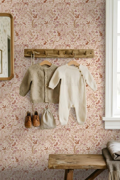 Vliestapete mit Waldtieren und Blumenmuster in einem Kinderzimmer mit Holzregal, Spielzeug und Kinderkleidung an Wandhaken.